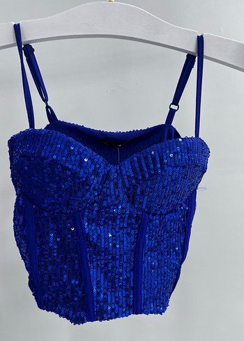 Mavi Payetli Uzun Straplez Abiye takım - Görsel 4