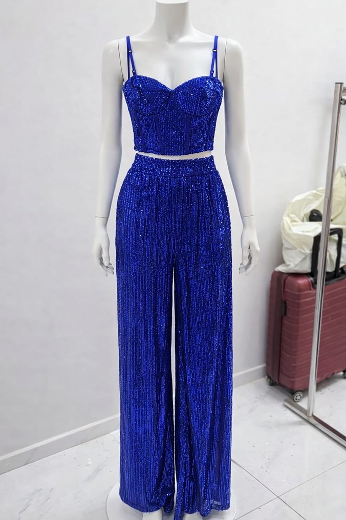 Mavi Payetli Uzun Straplez Abiye takım - Görsel 5
