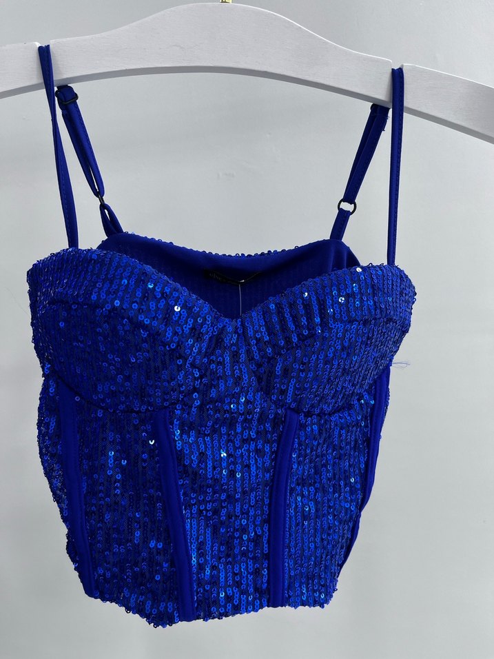 Mavi Payetli Uzun Straplez Abiye takım - Görsel 4