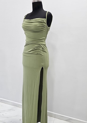 Drapeli Uzun Askılı Kadın Abiye Elbise - Görsel 3