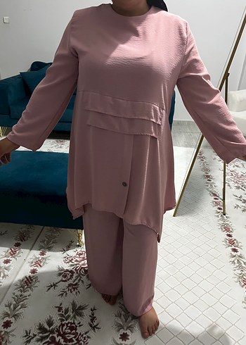 Diğer Pudra Renkli Düğmeli Uzun Kadın Takım