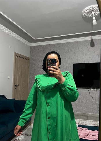 xl Beden yeşil Renk Yeşil Fırfırlı Keten Midi Tunik
