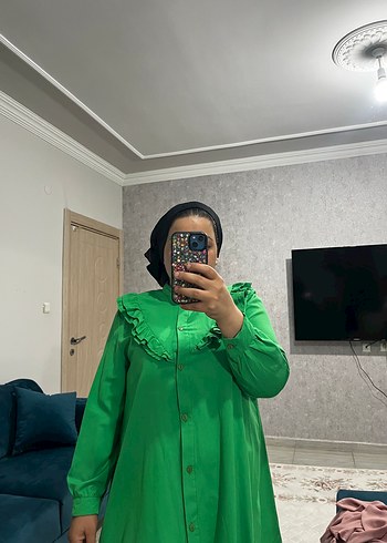 xl Beden Yeşil Fırfırlı Keten Midi Tunik