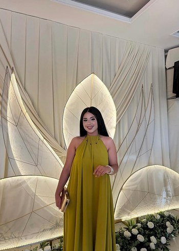 Yağ yeşili Uzun Drapeli Kadın Elbise - Görsel 6