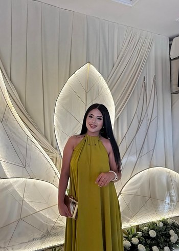 Yağ yeşili Uzun Drapeli Kadın Elbise - Görsel 4