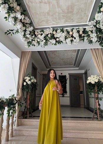 Yağ yeşili Uzun Drapeli Kadın Elbise - Görsel 3