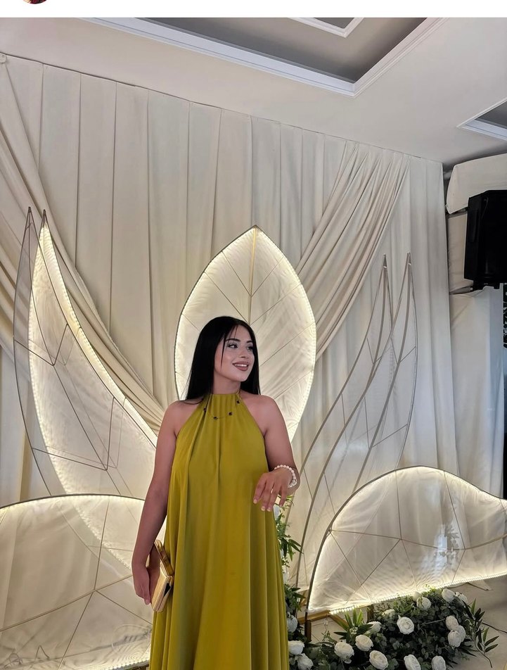 Yağ yeşili Uzun Drapeli Kadın Elbise - Görsel 5