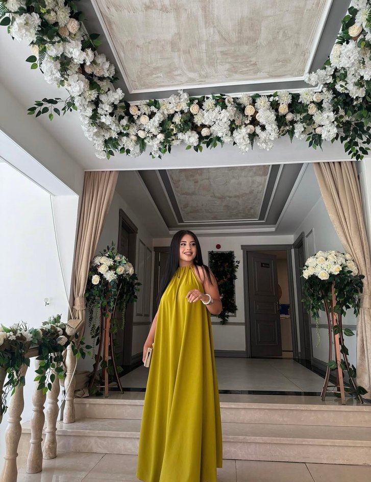 Yağ yeşili Uzun Drapeli Kadın Elbise - Görsel 3