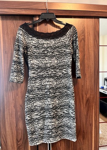 36 Beden Gri Zebra Desenli Triko Midi Elbise