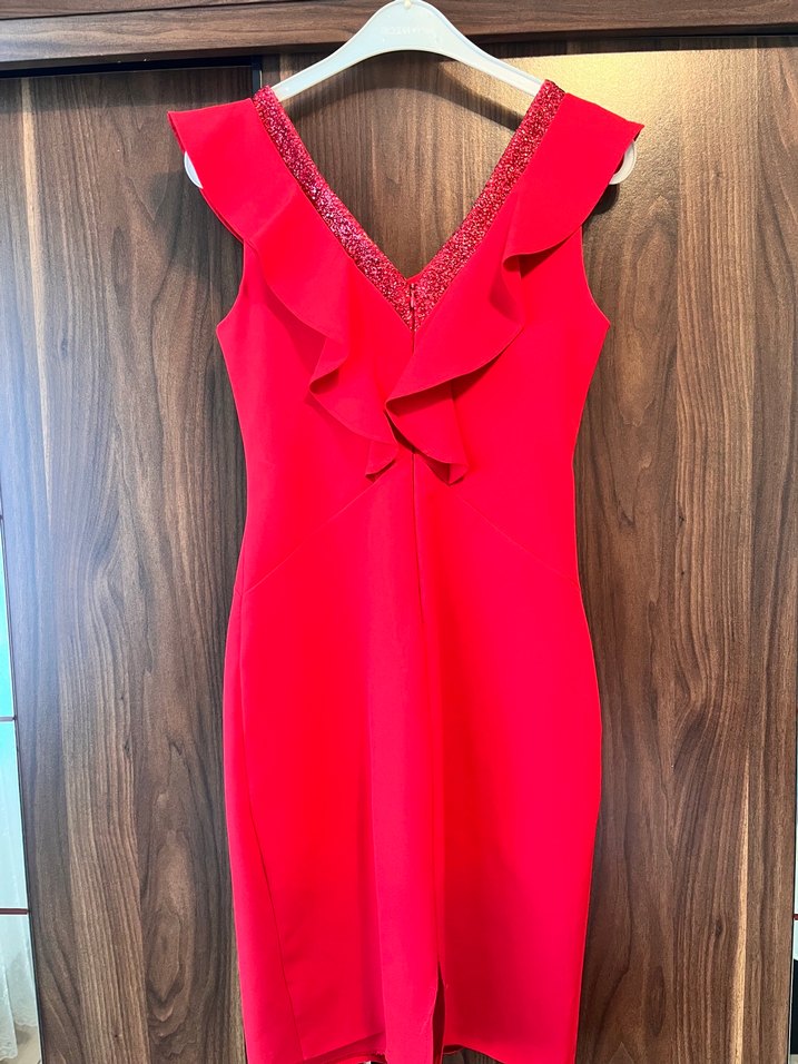 Klasik Kırmızı Midi V Yaka Elbise - Görsel 3