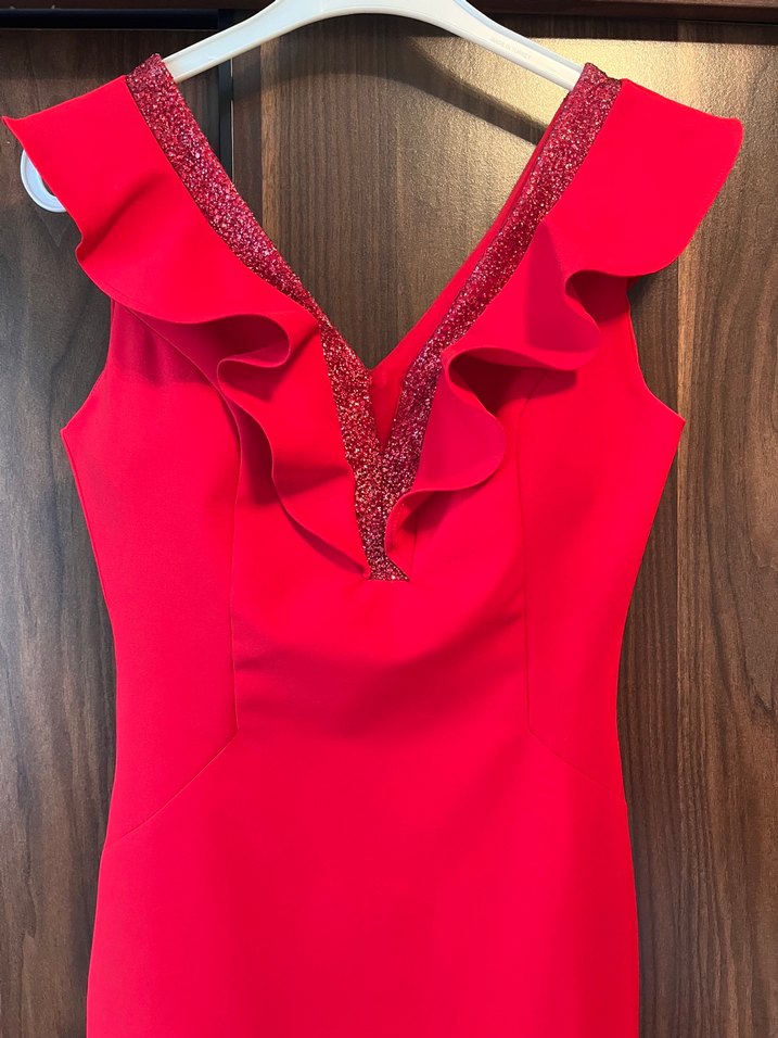 Klasik Kırmızı Midi V Yaka Elbise - Görsel 2