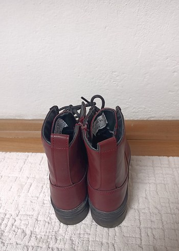 Bordo Deri Kadın Bot -bacıklı, Kalın Topuklu - Görsel 3