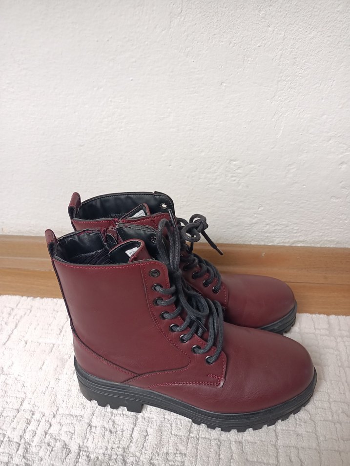 Bordo Deri Kadın Bot -bacıklı, Kalın Topuklu - Görsel 2