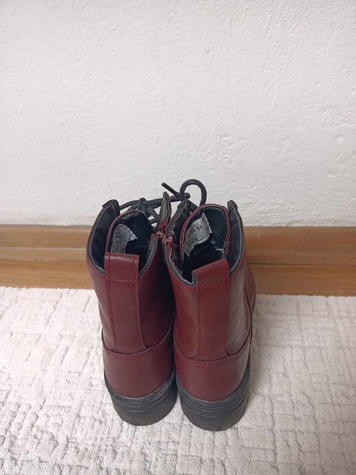 Bordo Deri Kadın Bot -bacıklı, Kalın Topuklu - Görsel 3