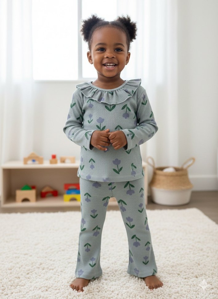 Gri Çiçek Desenli Uzun Kollu Çocuk Pijama Takımı - Görsel 2