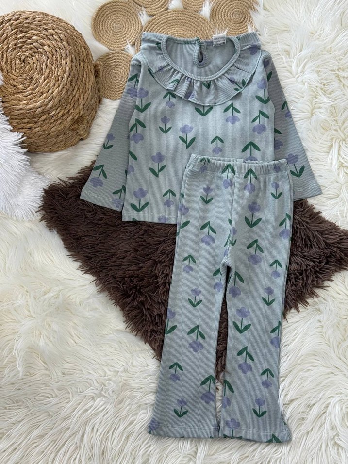 Gri Çiçek Desenli Uzun Kollu Çocuk Pijama Takımı - Görsel 3