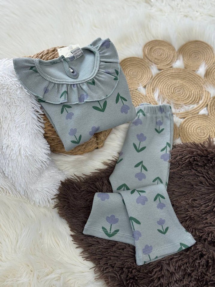 Gri Çiçek Desenli Uzun Kollu Çocuk Pijama Takımı - Görsel 4