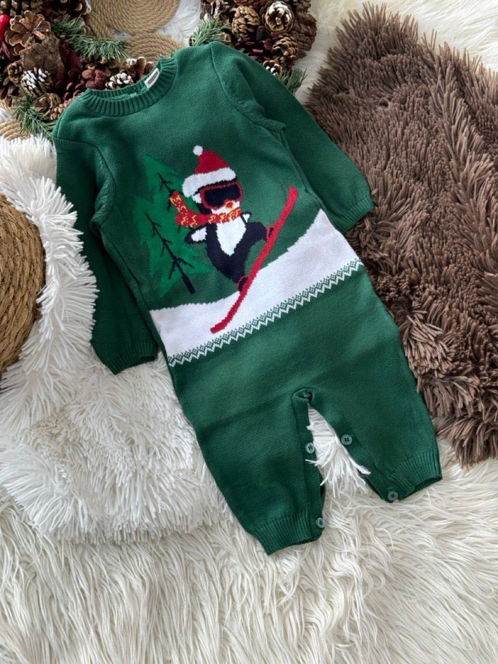 Nakışlı Yeşil Bebek Triko Tulumu - Görsel 3