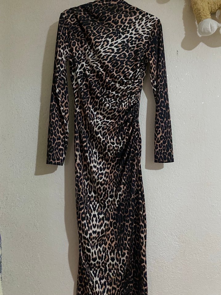 Kahverengi Leopar Desenli Uzun Drapeli Elbise - Görsel 2