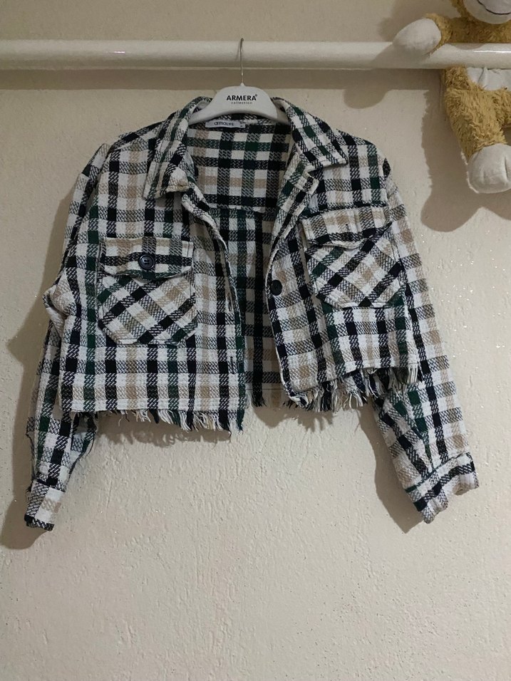 Düğmeli Gri Kareli Kısa Kadın Gömlek - Görsel 2