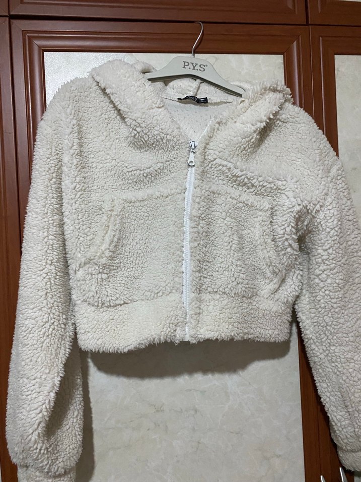 Beyaz Mini Kısa Peluş Kadın Ceket - Görsel 2