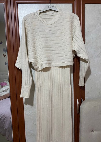 Krem Uzun Triko Kadın Elbise - Görsel 4