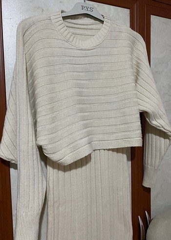 Krem Uzun Triko Kadın Elbise - Görsel 7