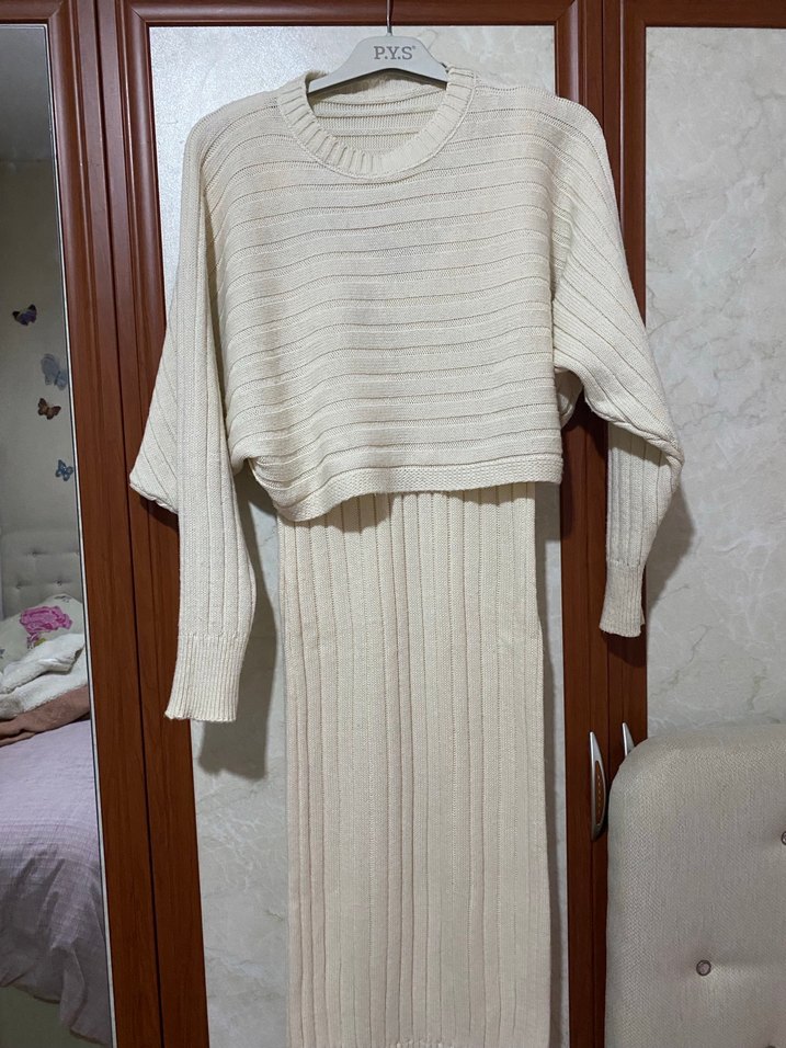 Krem Uzun Triko Kadın Elbise - Görsel 4