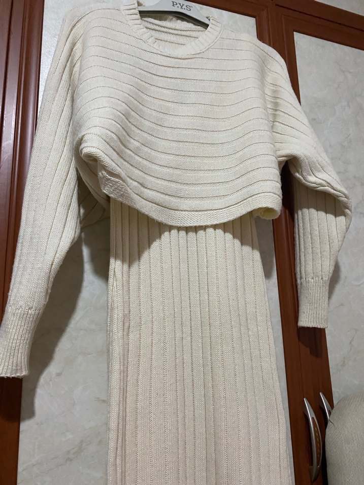 Krem Uzun Triko Kadın Elbise - Görsel 2