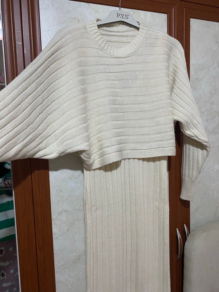 Krem Uzun Triko Kadın Elbise - Görsel 3