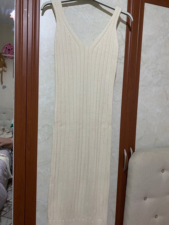 Krem Uzun Triko Kadın Elbise - Görsel 5