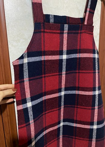 Kırmızı Kareli Düğmeli Kadın Salopet - Görsel 4