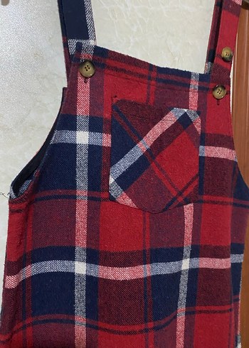 Kırmızı Kareli Düğmeli Kadın Salopet - Görsel 3