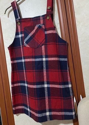 Kırmızı Kareli Düğmeli Kadın Salopet - Görsel 2