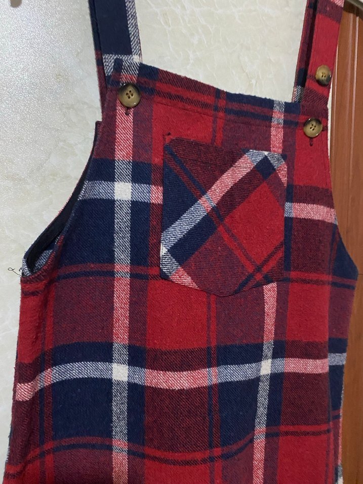 Kırmızı Kareli Düğmeli Kadın Salopet - Görsel 3