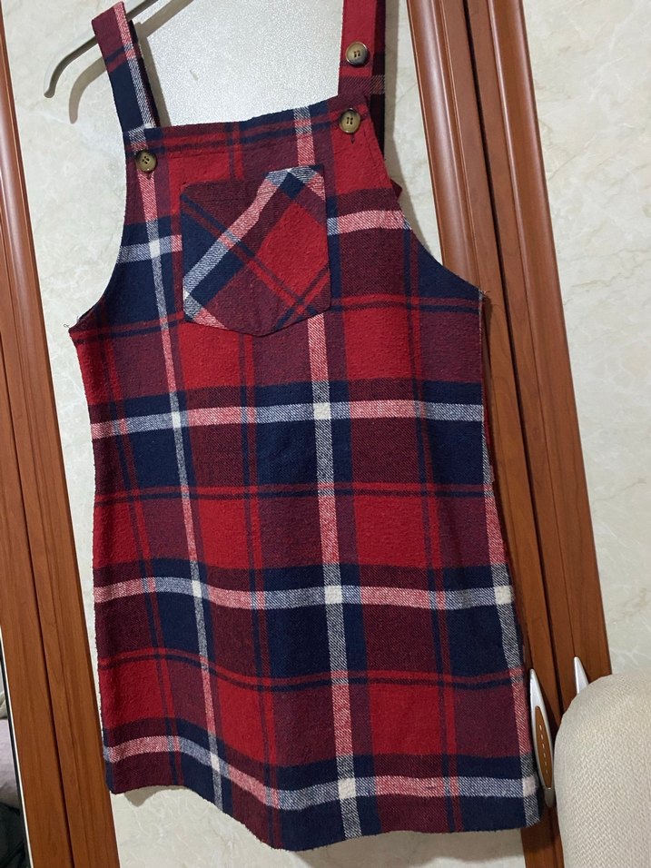 Kırmızı Kareli Düğmeli Kadın Salopet - Görsel 2