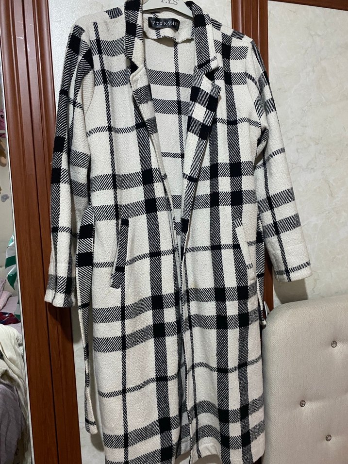 Gri Ekose Uzun Kadın Kaban - Görsel 3