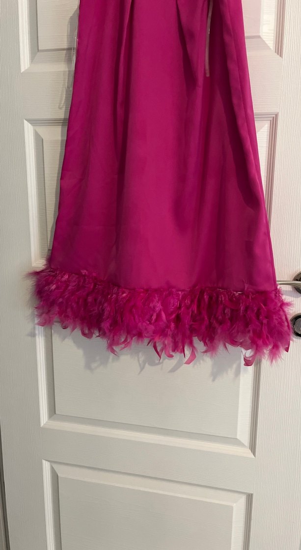 Pembe Parlak Sıfır Kollu Fırfırlı Abiye Elbise - Görsel 3