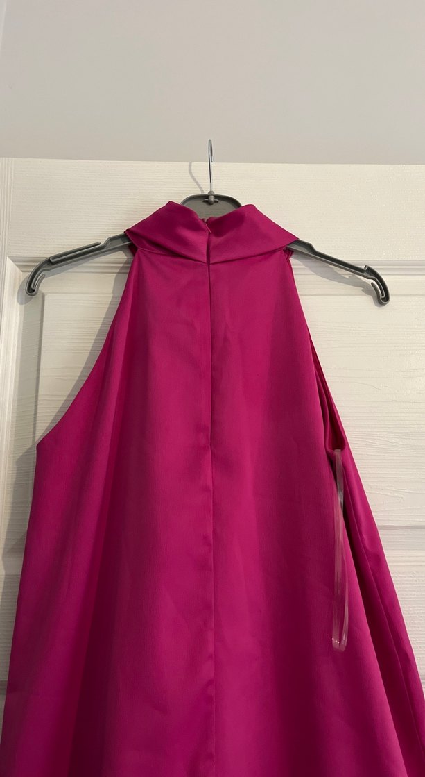 Pembe Parlak Sıfır Kollu Fırfırlı Abiye Elbise - Görsel 5