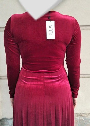 Bordo Kadife Uzun Kollu Piliseli Elbise. - Görsel 3