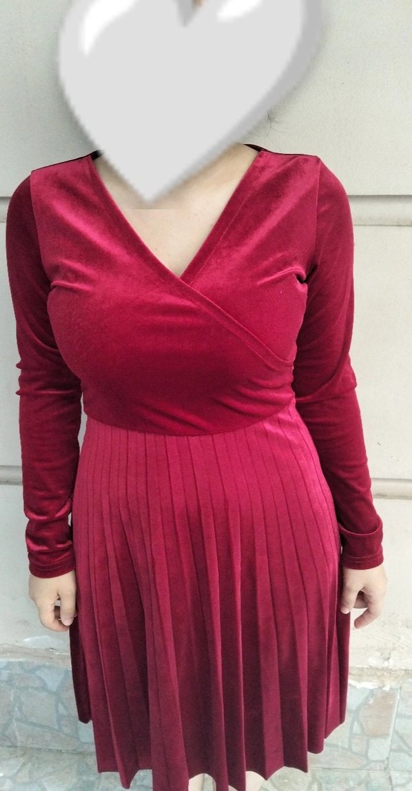 Bordo Kadife Uzun Kollu Piliseli Elbise. - Görsel 2