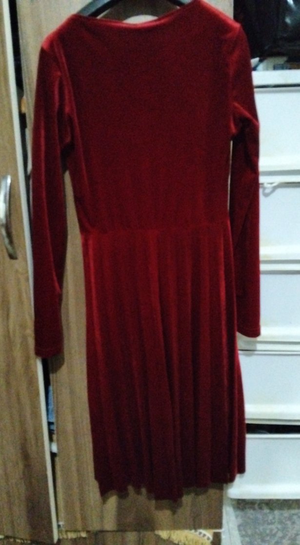 Bordo Kadife Uzun Kollu Piliseli Elbise. - Görsel 5