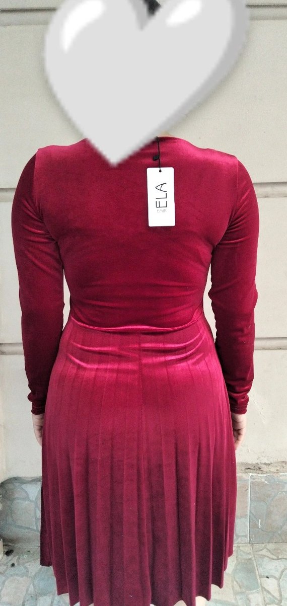 Bordo Kadife Uzun Kollu Piliseli Elbise. - Görsel 3