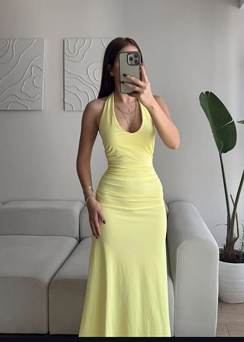 Sarı Midi V Yaka Kadın Elbise