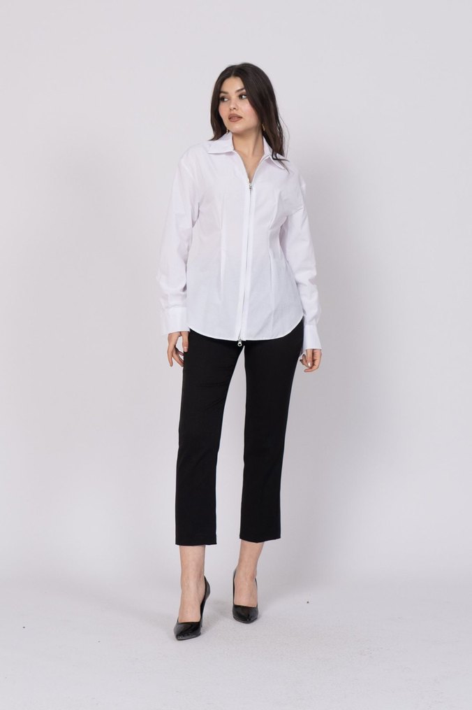 Beyaz V Yaka Uzun Kollu Kadın Ofis Gömleği - Görsel 3