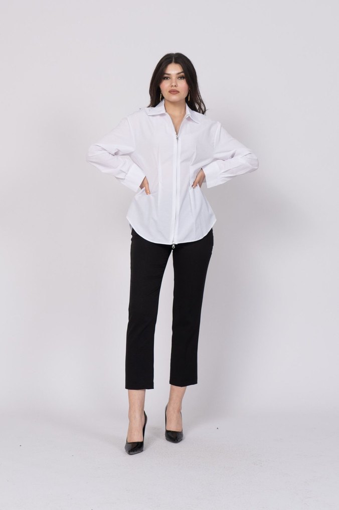 Beyaz V Yaka Uzun Kollu Kadın Ofis Gömleği - Görsel 2