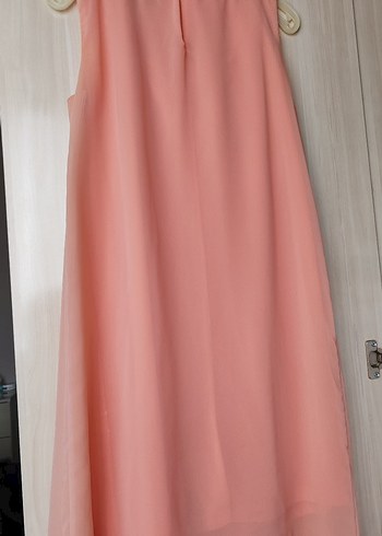 Somon Rengi Yaka Taşlı Kadın Elbise - Görsel 3