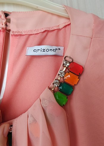 Somon Rengi Yaka Taşlı Kadın Elbise - Görsel 2