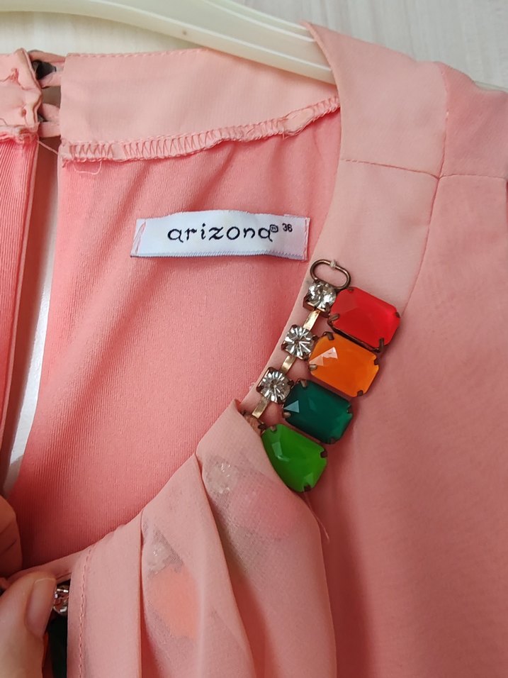 Somon Rengi Yaka Taşlı Kadın Elbise - Görsel 2