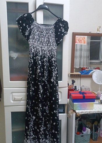 Siyah Bohem Uzun Elbise Drapeli Tasarım